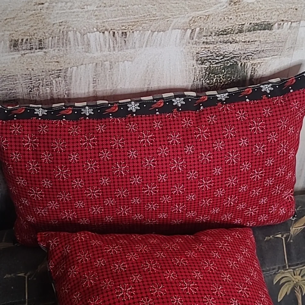 Set of 2 Decorative Red Black & White Winter Theme Snowflake Pillow Set
